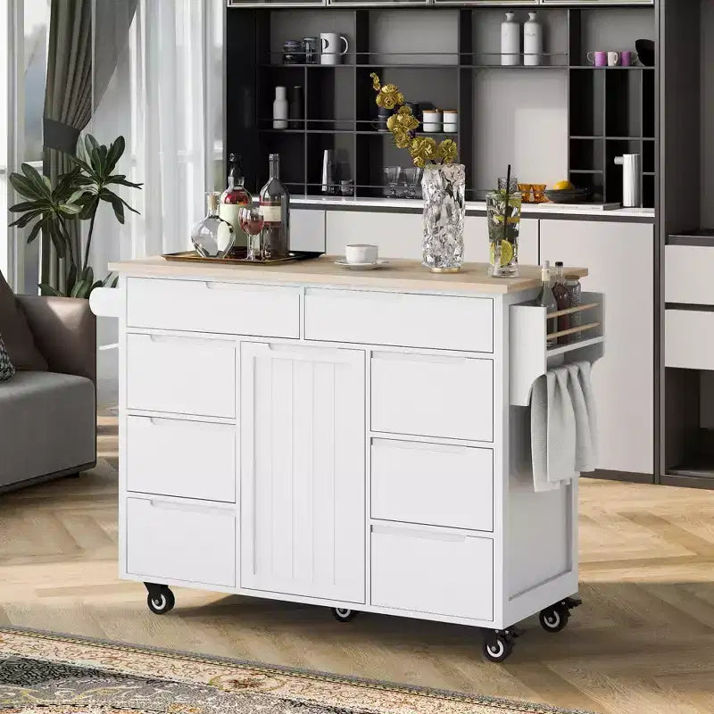 FAMYYT Rolling White Rubber Wood Countertop 53 in. Kitchen Island Cart with 8 Handle-Free Drawers, 5 Wheels