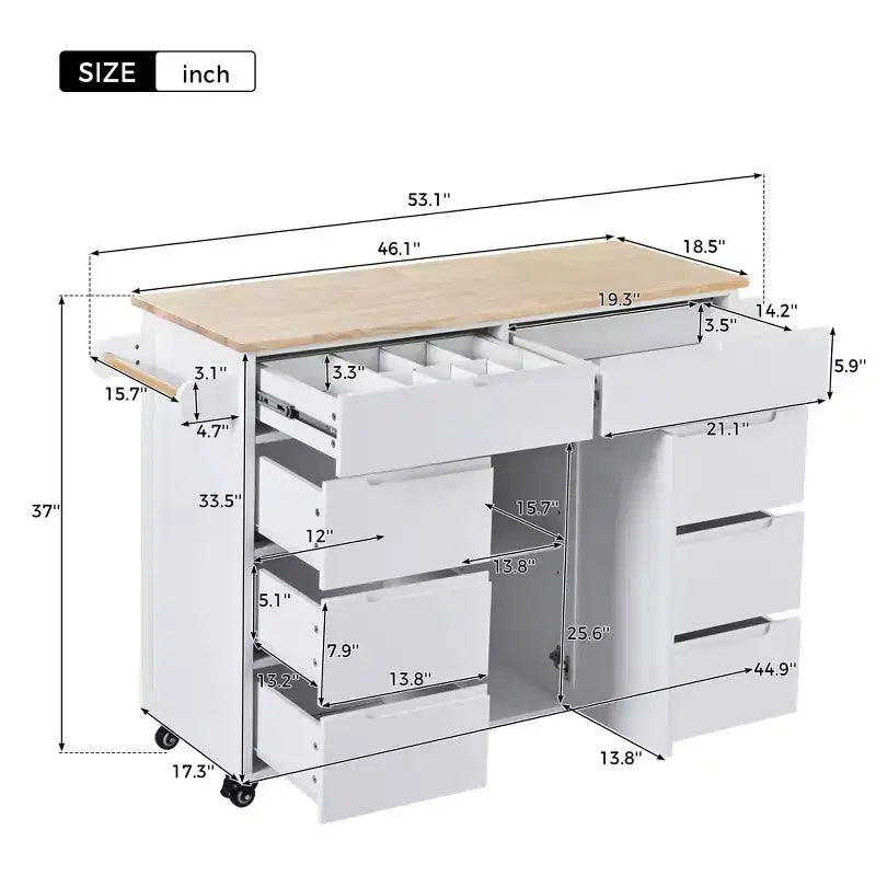 Carrello da cucina bianco mobile con 8 cassetti e 5 ruote, monoposto