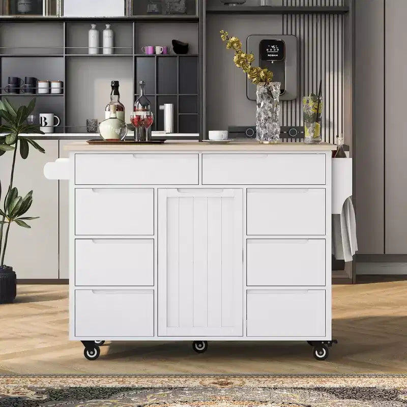 Carrello da cucina bianco mobile con 8 cassetti e 5 ruote, monoposto