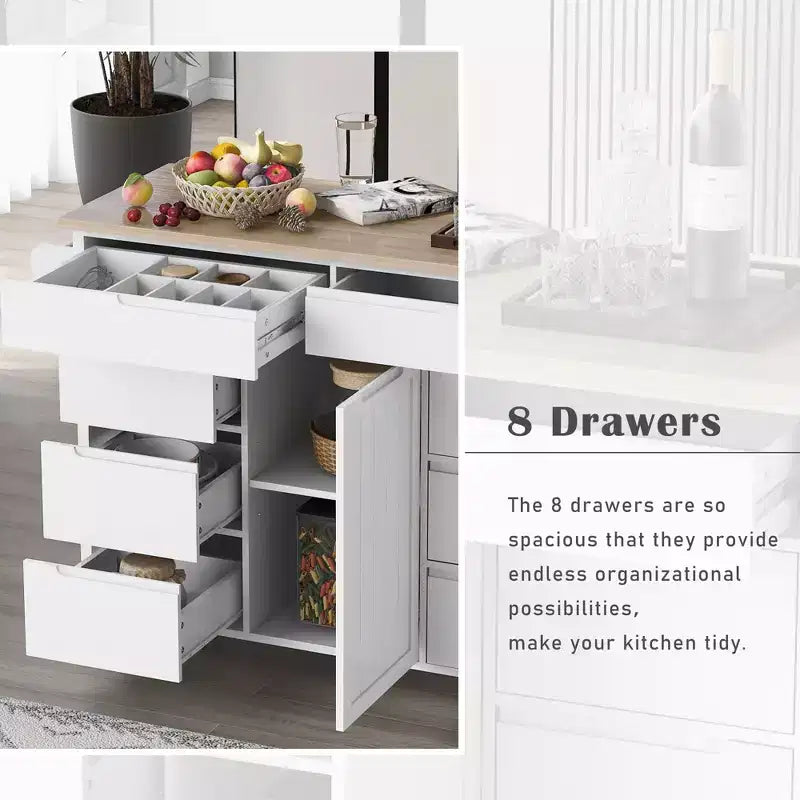 Carrello da cucina bianco mobile con 8 cassetti e 5 ruote, monoposto