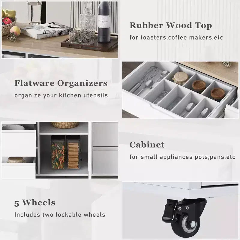 Carrello da cucina bianco mobile con 8 cassetti e 5 ruote, monoposto