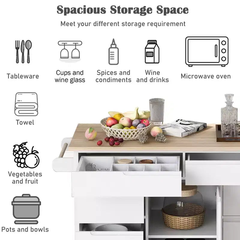 Carrello da cucina bianco mobile con 8 cassetti e 5 ruote, monoposto