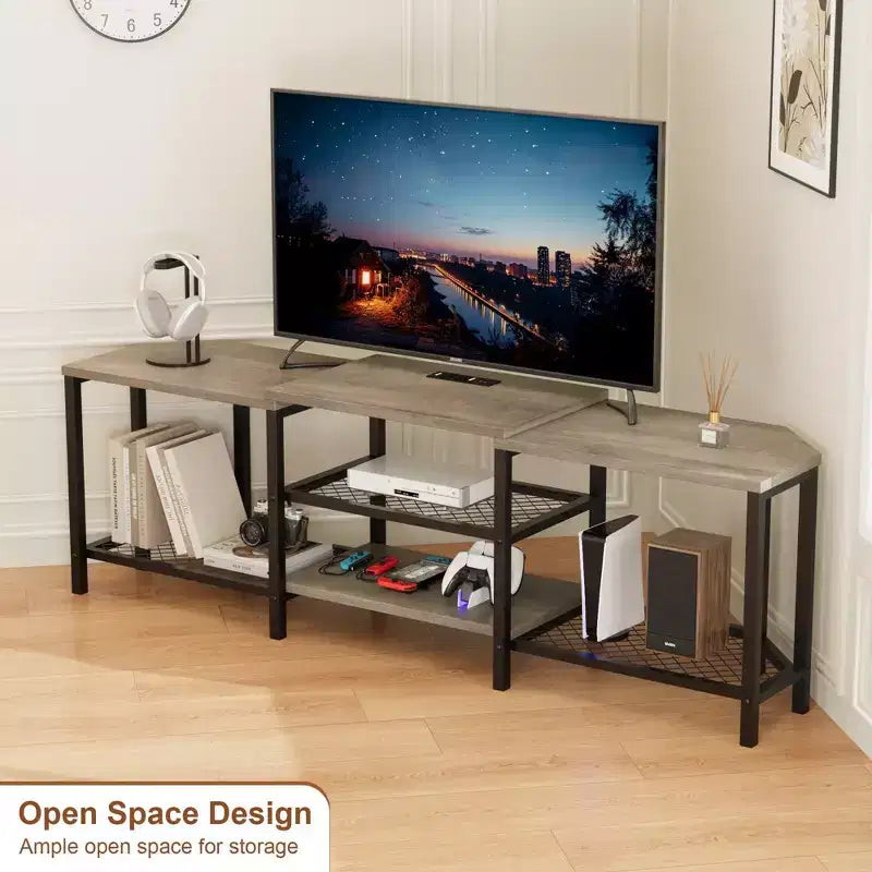 Mobile TV Marrone/Grigio da 67" con luci LED e prese di corrente, adatto a TV fino a 75"
