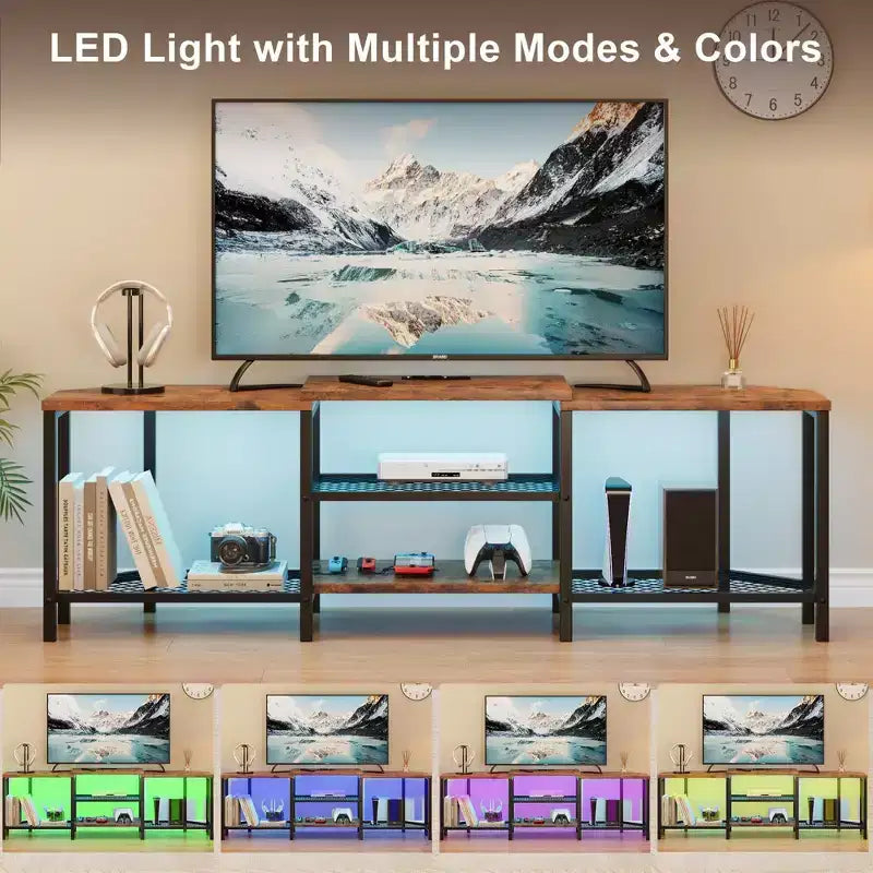 Mobile TV Marrone/Grigio da 67" con luci LED e prese di corrente, adatto a TV fino a 75"