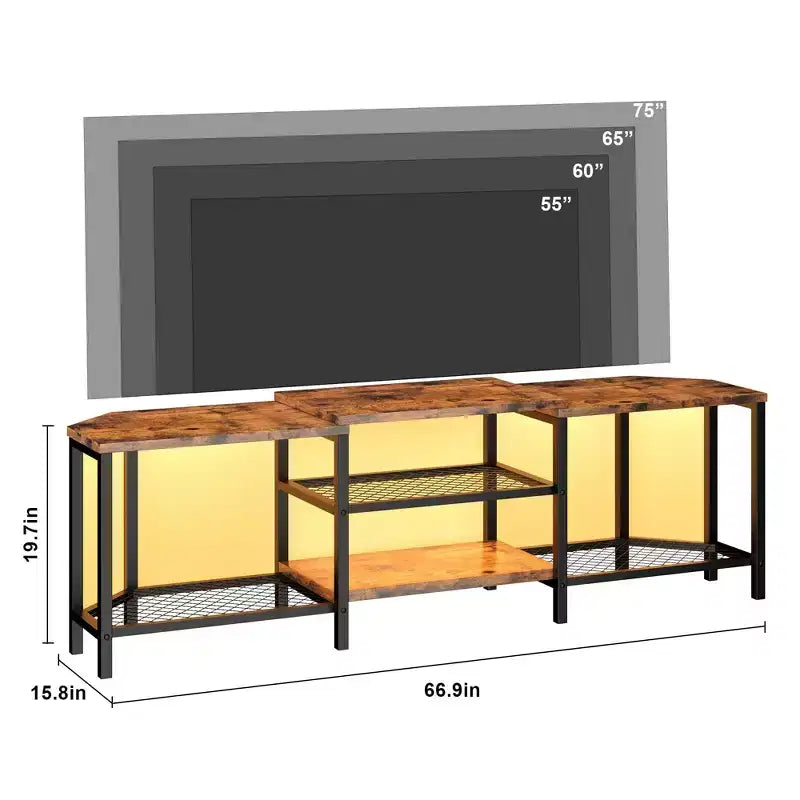 Mobile TV Marrone/Grigio da 67" con luci LED e prese di corrente, adatto a TV fino a 75"