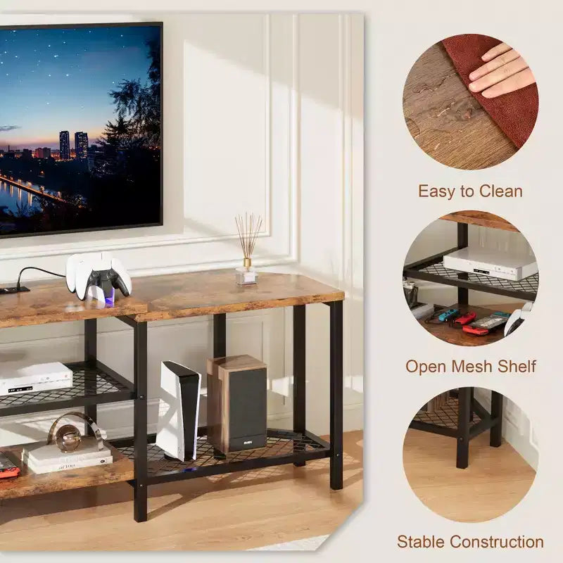 Mobile TV Marrone/Grigio da 67" con luci LED e prese di corrente, adatto a TV fino a 75"