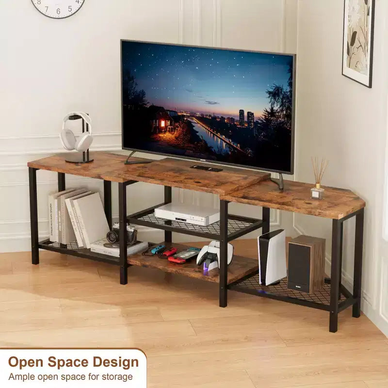 Mobile TV Marrone/Grigio da 67" con luci LED e prese di corrente, adatto a TV fino a 75"