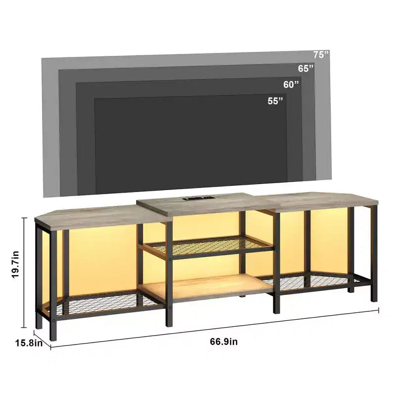 Mobile TV Marrone/Grigio da 67" con luci LED e prese di corrente, adatto a TV fino a 75"