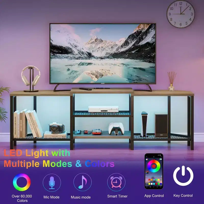Mobile TV Marrone/Grigio da 67" con luci LED e prese di corrente, adatto a TV fino a 75"