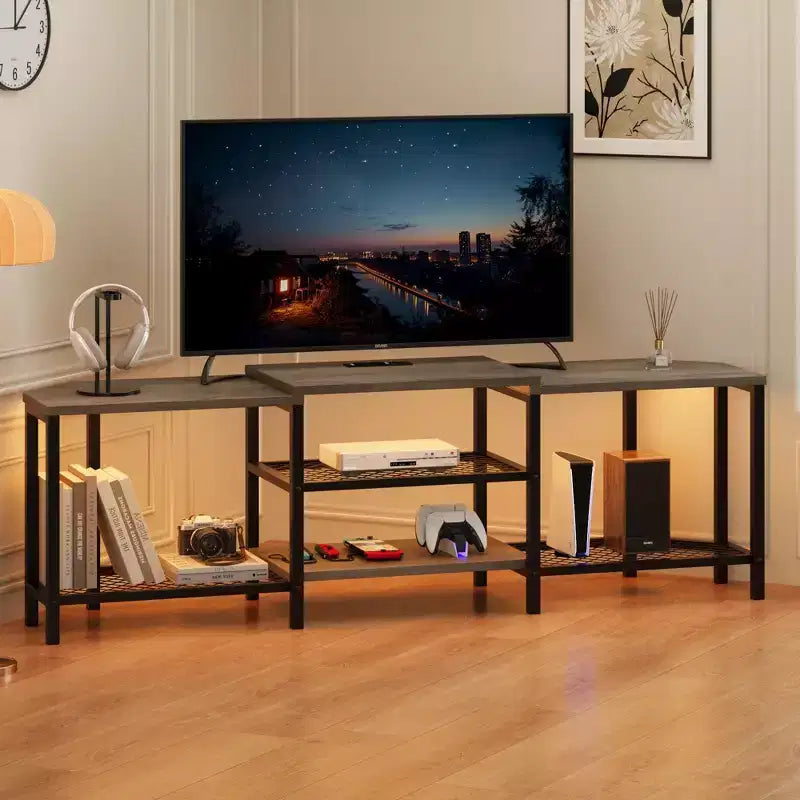 Mobile TV Marrone/Grigio da 67" con luci LED e prese di corrente, adatto a TV fino a 75"