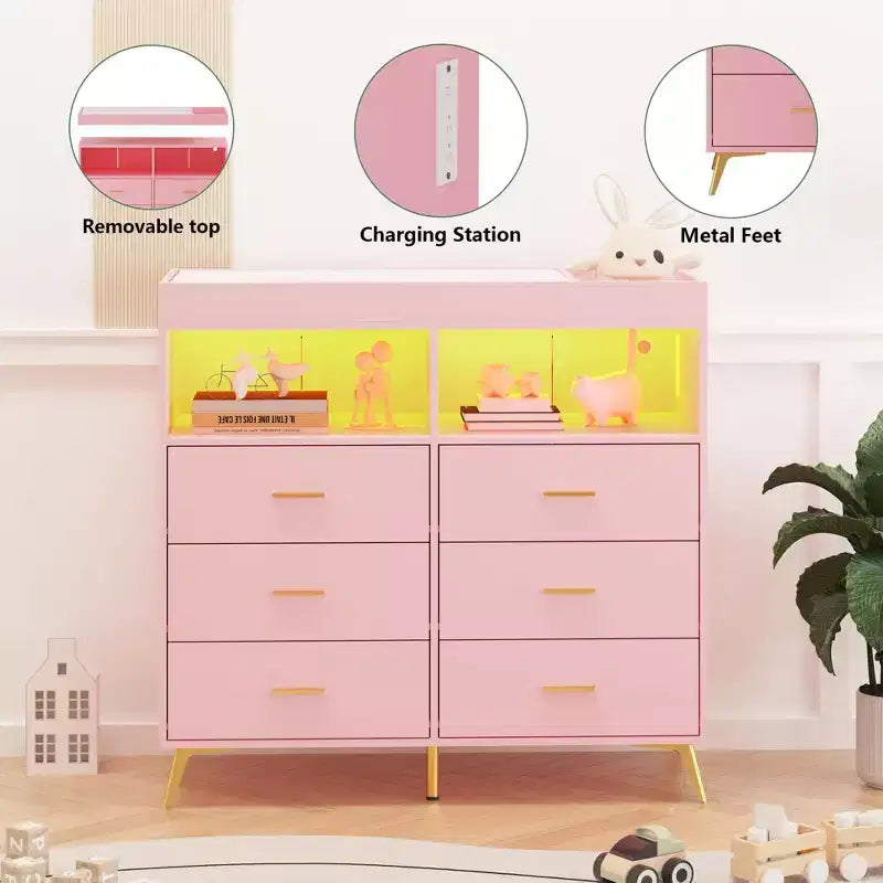 Cassettiera Nera / Rosa / Bianca con Fasciatoio Superiore, a 6 Cassetti per 1
