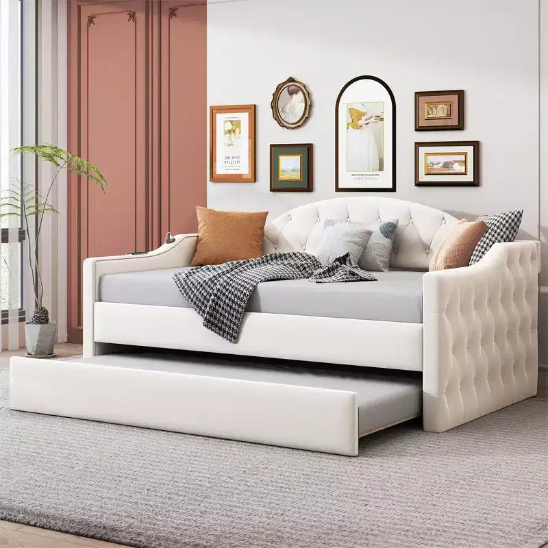 Daybed in Velluto Trapuntato Beige/Rosa con Letto Estraibile, USB e Ricarica Type-C, Twin, Posti Letto 2