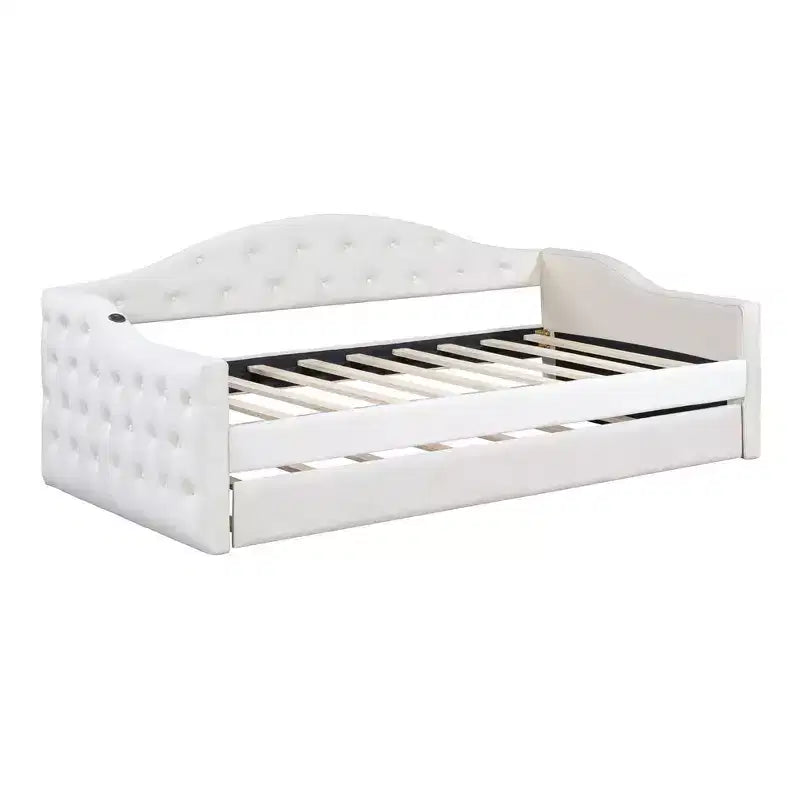 Daybed in Velluto Trapuntato Beige/Rosa con Letto Estraibile, USB e Ricarica Type-C, Twin, Posti Letto 2