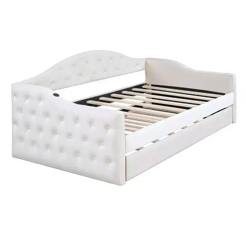 Daybed in Velluto Trapuntato Beige/Rosa con Letto Estraibile, USB e Ricarica Type-C, Twin, Posti Letto 2