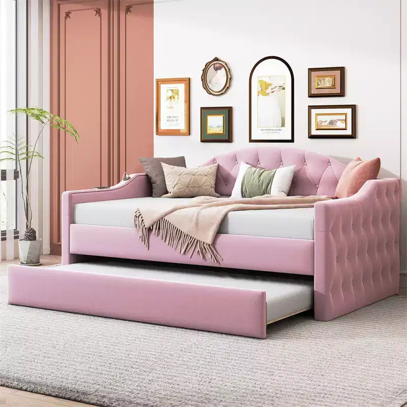 Daybed in Velluto Trapuntato Beige/Rosa con Letto Estraibile, USB e Ricarica Type-C, Twin, Posti Letto 2