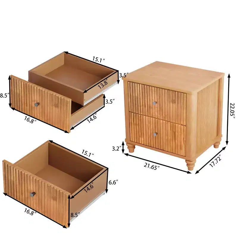 Comodino scanalato beige/naturale/noce con cassetti, set da 2