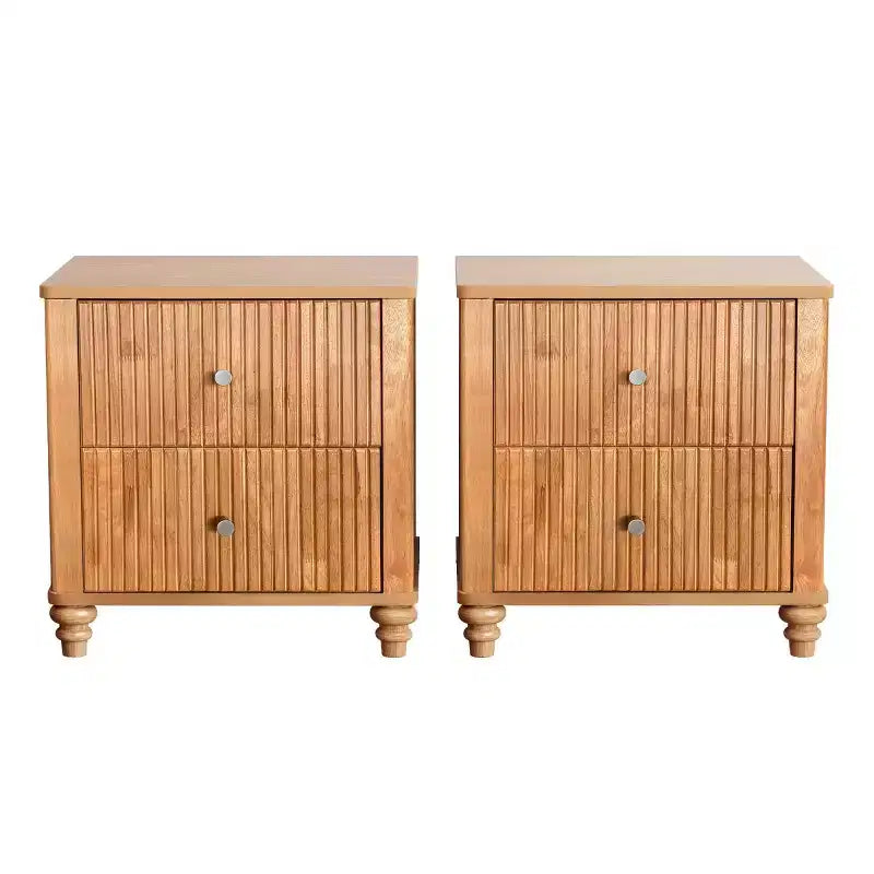 Comodino scanalato beige/naturale/noce con cassetti, set da 2