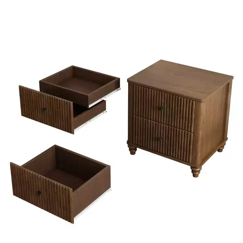 Comodino scanalato beige/naturale/noce con cassetti, set da 2