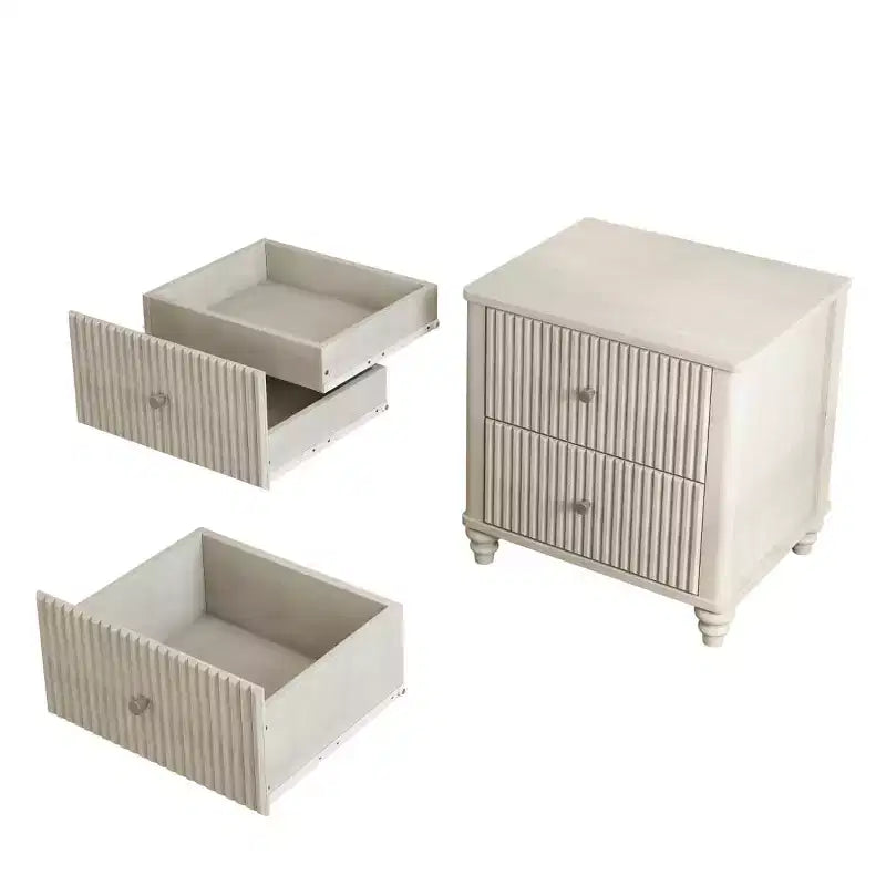 Comodino scanalato beige/naturale/noce con cassetti, set da 2