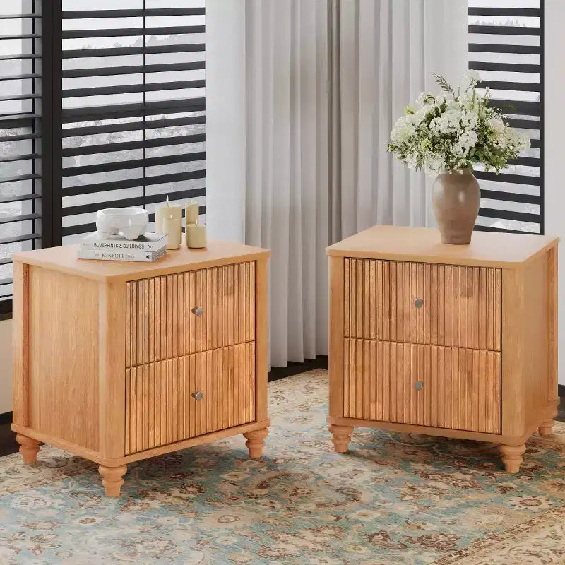 Comodino scanalato beige/naturale/noce con cassetti, set da 2