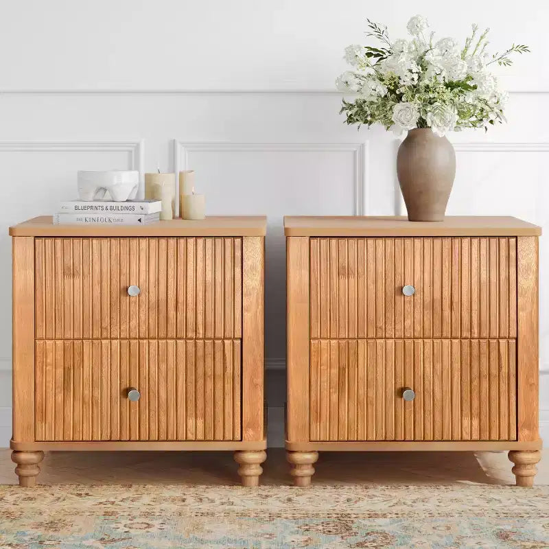 Comodino scanalato beige/naturale/noce con cassetti, set da 2