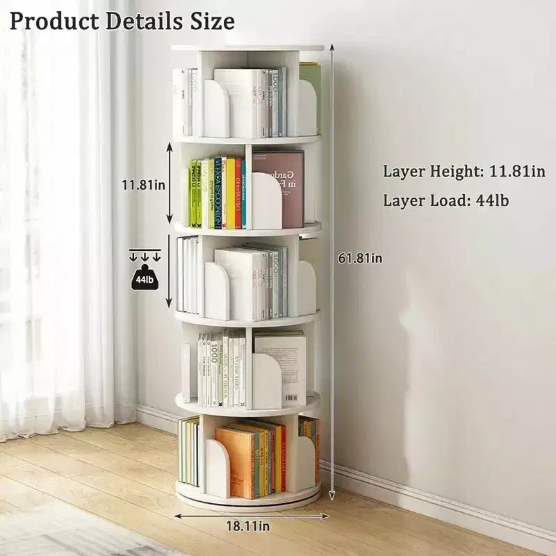 Torre Libreria Girevole a 360° a 5 Ripiani, Bianco Caldo, Salvaspazio, Per Utente Singolo