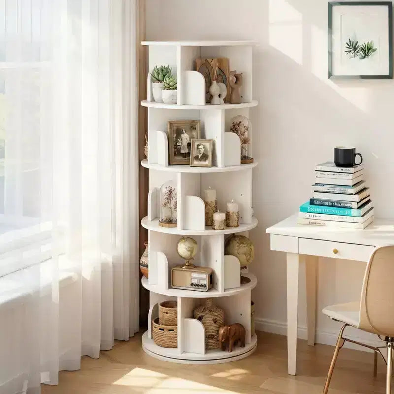 Torre Libreria Girevole a 360° a 5 Ripiani, Bianco Caldo, Salvaspazio, Per Utente Singolo
