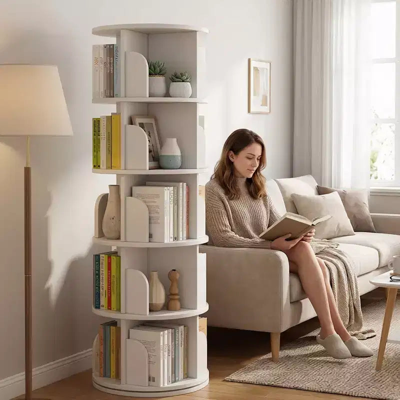 Torre Libreria Girevole a 360° a 5 Ripiani, Bianco Caldo, Salvaspazio, Per Utente Singolo