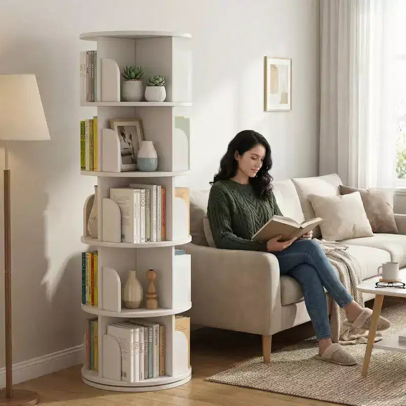 Torre Libreria Girevole a 360° a 5 Ripiani, Bianco Caldo, Salvaspazio, Per Utente Singolo
