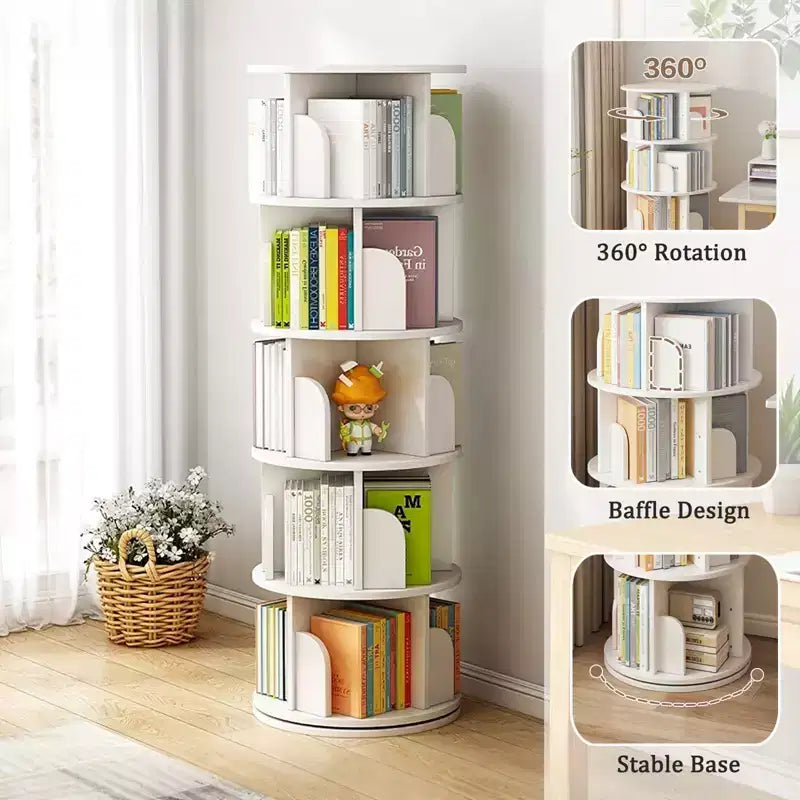 Torre Libreria Girevole a 360° a 5 Ripiani, Bianco Caldo, Salvaspazio, Per Utente Singolo