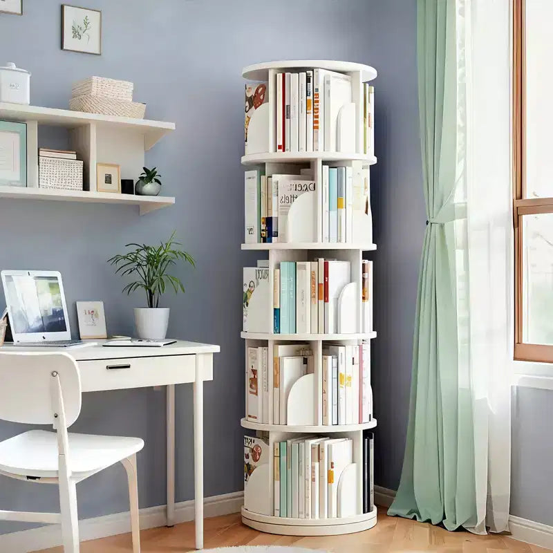 Torre Libreria Girevole a 360° a 5 Ripiani, Bianco Caldo, Salvaspazio, Per Utente Singolo