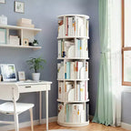 Torre Libreria Girevole a 360° a 5 Ripiani, Bianco Caldo, Salvaspazio, Per Utente Singolo