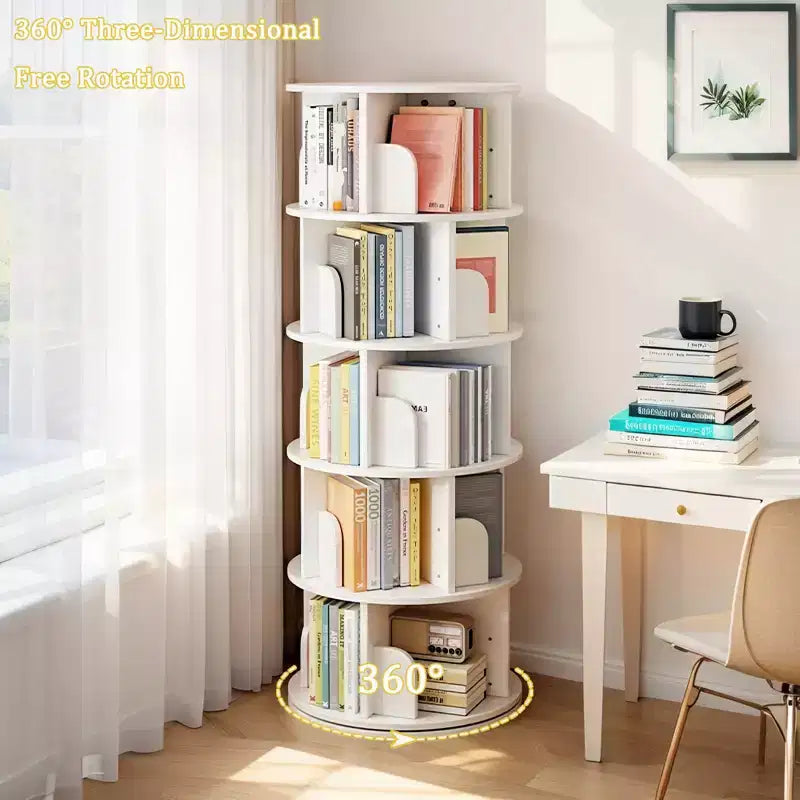Torre Libreria Girevole a 360° a 5 Ripiani, Bianco Caldo, Salvaspazio, Per Utente Singolo