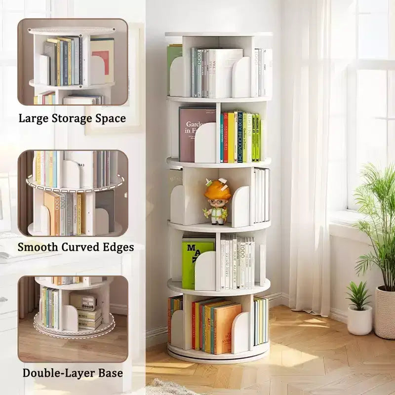 Torre Libreria Girevole a 360° a 5 Ripiani, Bianco Caldo, Salvaspazio, Per Utente Singolo