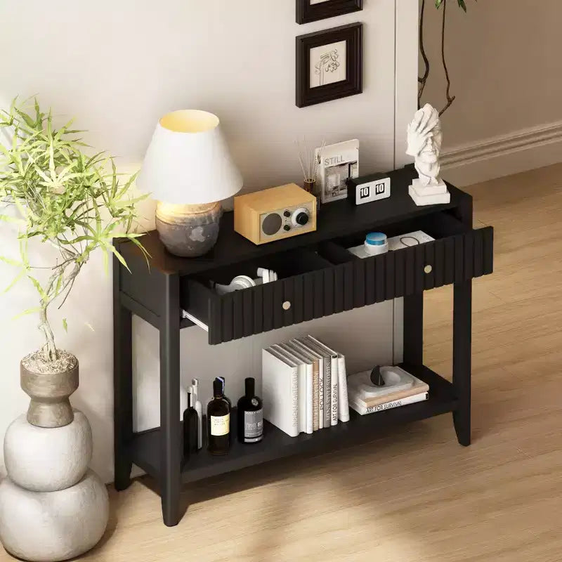 Consolle nera con cassetto e ripiano, stile moderno