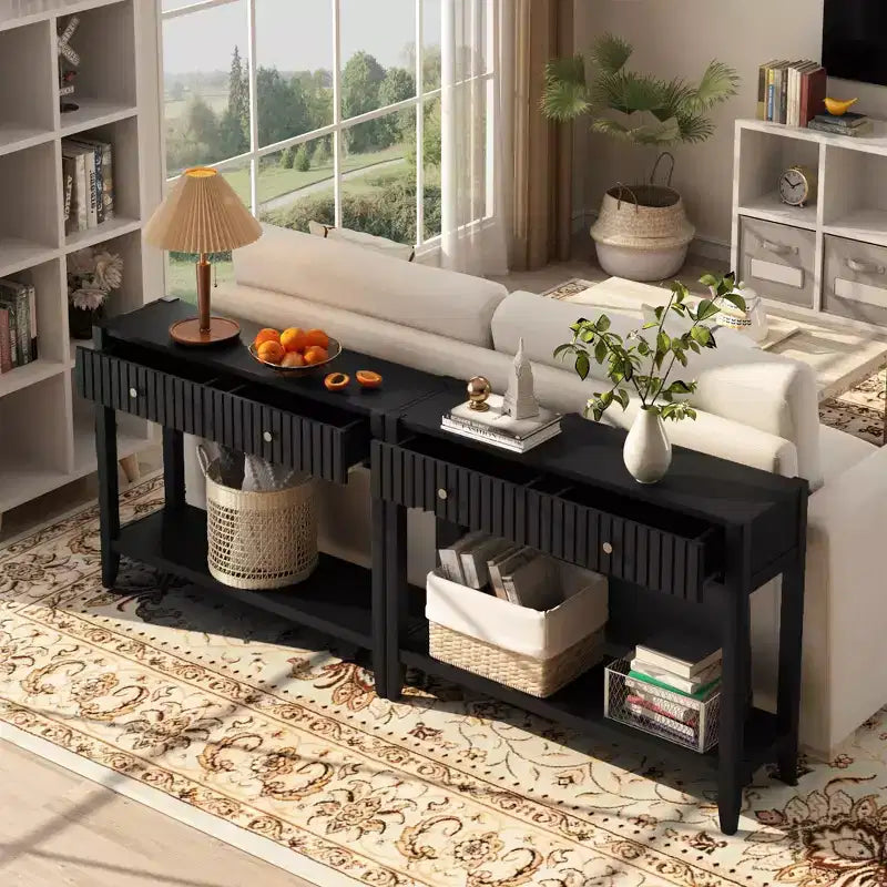 Consolle nera con cassetto e ripiano, stile moderno