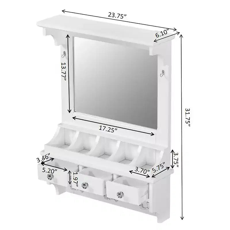 Mobile Toeletta Sospeso Bianco con Specchio, 3 Cassetti, 5 Tasche e 5 Ganci, 1 Persona
