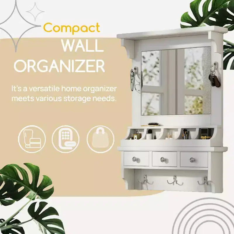 Mobile Toeletta Sospeso Bianco con Specchio, 3 Cassetti, 5 Tasche e 5 Ganci, 1 Persona