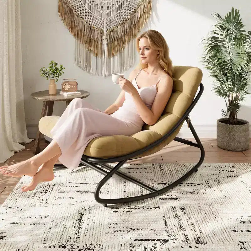 Poltrona a dondolo Papasan a forma di uovo color cuoio, imbottita, 1 posto a sedere