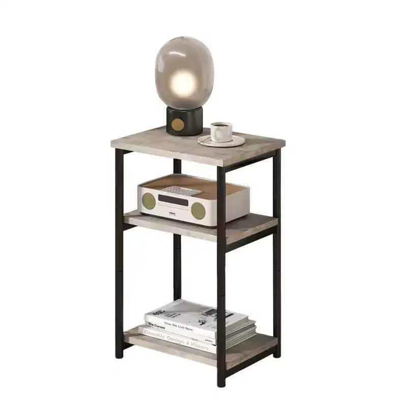 Tavolino laterale grigio a 3 ripiani – Tavolino stretto con ripiani aperti, per 1 persona