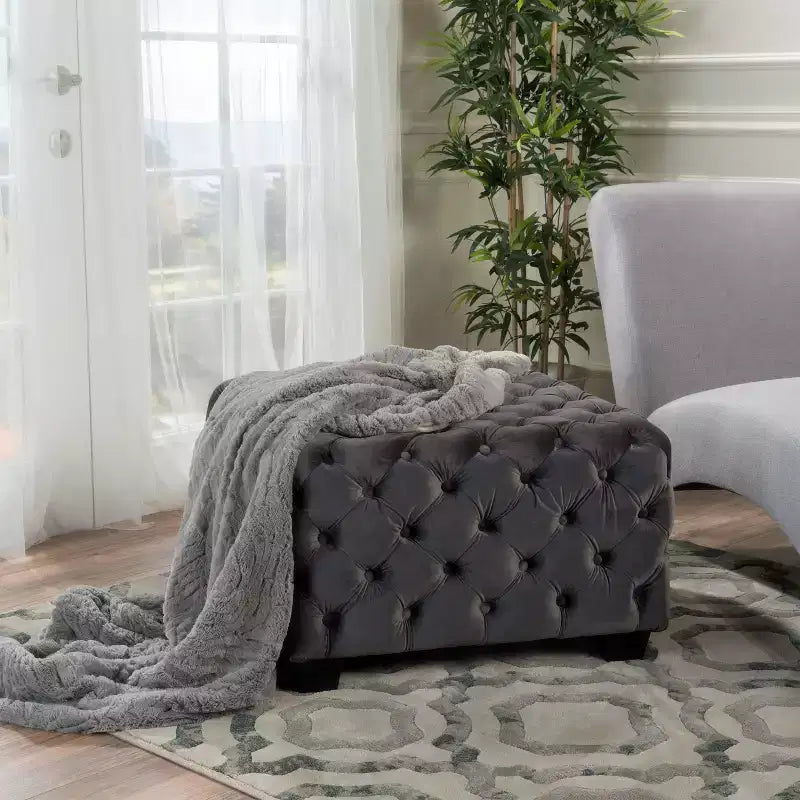 Panca Pouf Quadrata in Velluto Grigio/Blu Navy, Seduta Singola