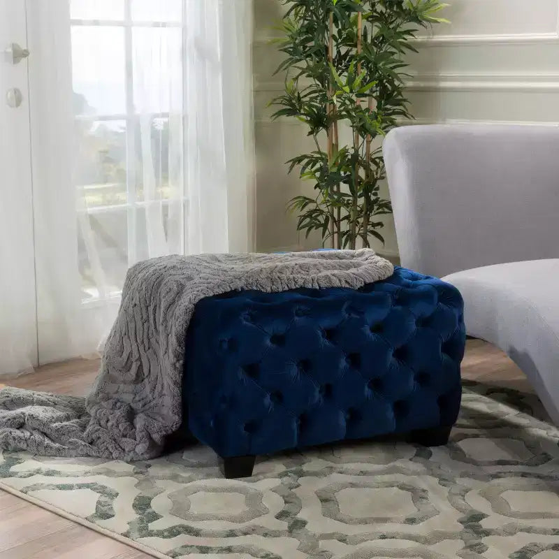 Panca Pouf Quadrata in Velluto Grigio/Blu Navy, Seduta Singola