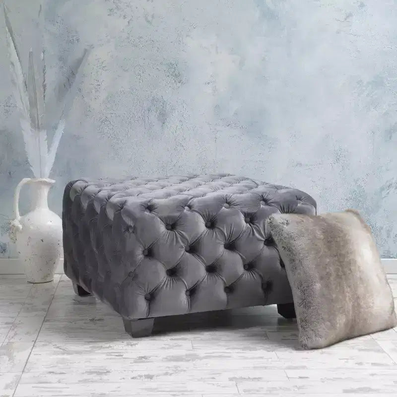 Panca Pouf Quadrata in Velluto Grigio/Blu Navy, Seduta Singola