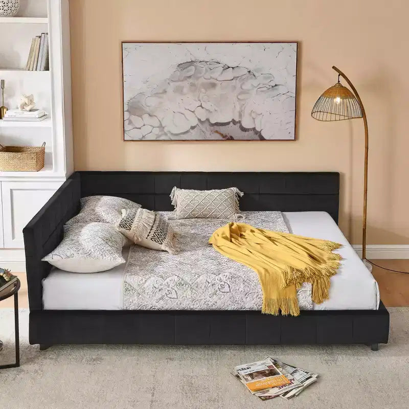 Struttura per divano letto queen size in velluto nero trapuntato, stile metà secolo, per 1
