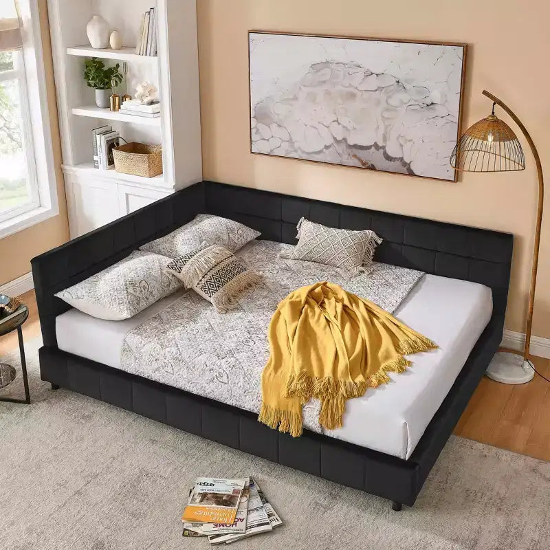 Struttura per divano letto queen size in velluto nero trapuntato, stile metà secolo, per 1
