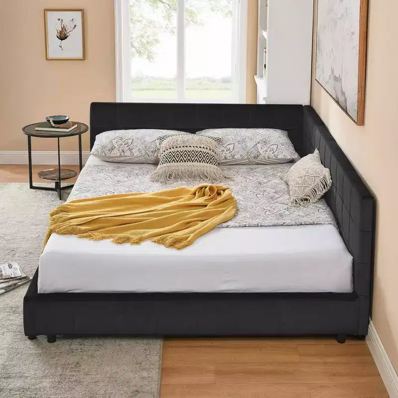 Struttura per divano letto queen size in velluto nero trapuntato, stile metà secolo, per 1