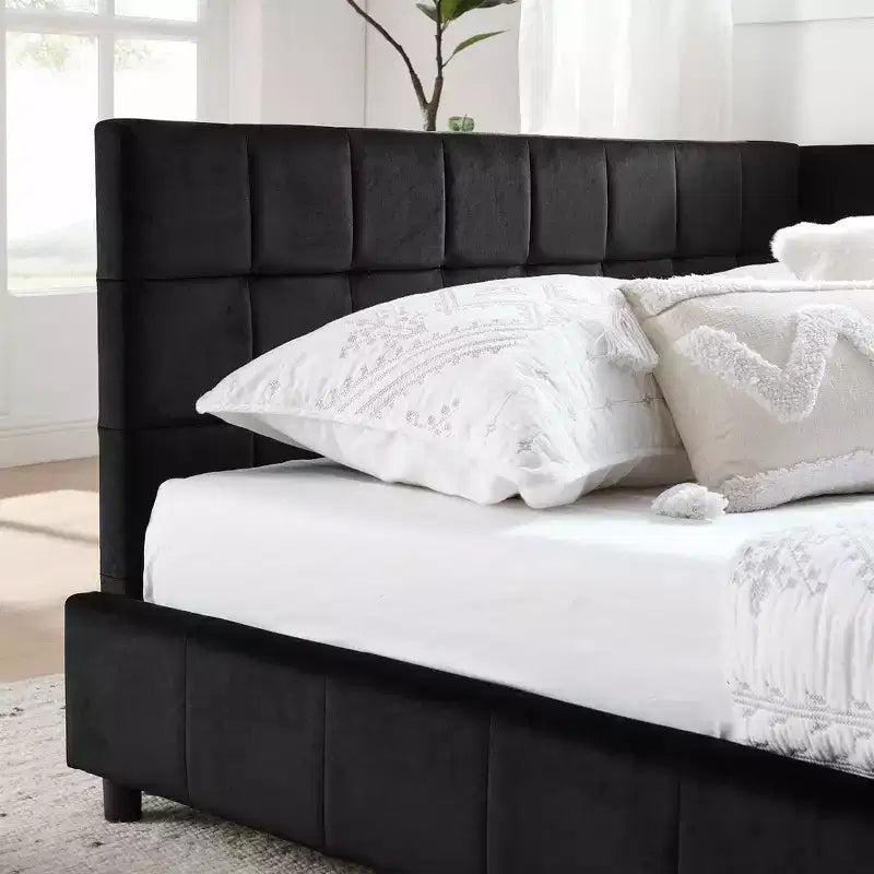Struttura per divano letto queen size in velluto nero trapuntato, stile metà secolo, per 1