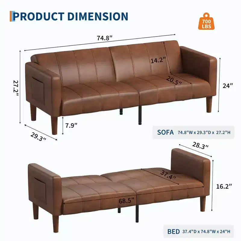 Divano letto futon in ecopelle, stile Mid-Century, posti a sedere fino a 4 – Nero / Marrone / Verde