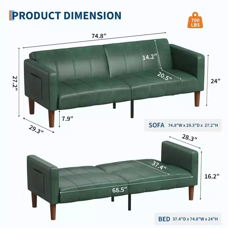 Divano letto futon in ecopelle, stile Mid-Century, posti a sedere fino a 4 – Nero / Marrone / Verde
