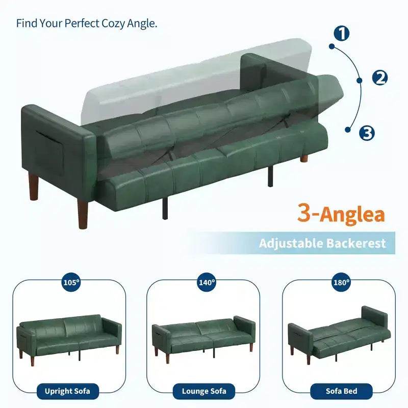 Divano letto futon in ecopelle, stile Mid-Century, posti a sedere fino a 4 – Nero / Marrone / Verde